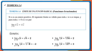 ✓ TEOREMA 1.4
(Funciones Irracionales)
Ejemplos:
▪ lim
𝒙→𝟒
𝒙 = 𝟒 = 𝟐
▪ lim
𝒙→−𝟖
𝟑
𝒙 =
𝟑
−𝟖 = −𝟐
Ejemplos:
▪ lim
𝒙→𝟏𝟔
𝟒
𝒙 =
𝟒
𝟏𝟔 = 𝟐
▪ lim
𝒙→𝟐𝟕
𝟑
𝒙 =
𝟑
𝟐𝟕 = 𝟑
 