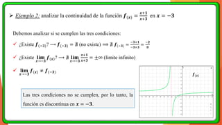 ➢ Ejemplo 2: analizar la continuidad de la función 𝒇(𝒙) =
𝒙+𝟏
𝒙+𝟑
en 𝒙 = −𝟑
Debemos analizar si se cumplen las tres condiciones:
✓ ¿Existe 𝒇(−𝟑)? ⟶ 𝒇(−𝟑) = ∄ (no existe) ⟹ ∄ 𝒇(−𝟑) =
−𝟑+𝟏
−𝟑+𝟑
=
−𝟐
𝟎
✓ ¿Existe 𝐥𝐢𝐦
𝒙→−𝟑
𝒇(𝒙)? ⟶ ∄ 𝐥𝐢𝐦
𝒙→−𝟑
𝒙+𝟏
𝒙+𝟑
= ±∞ (límite infinito)
✓ 𝐥𝐢𝐦
𝒙→−𝟑
𝒇(𝒙) ≠ 𝒇(−𝟑)
Las tres condiciones no se cumplen, por lo tanto, la
función es discontinua en 𝒙 = −𝟑.
𝒇(𝒙)
 