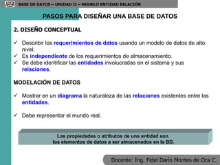 Docente: Ing. Fidel Darío Montes de Oca C.
BASE DE DATOS – UNIDAD II – MODELO ENTIDAD RELACIÓN
PASOS PARA DISEÑAR UNA BASE DE DATOS
2. DISEÑO CONCEPTUAL
 Describir los requerimientos de datos usando un modelo de datos de alto
nivel.
 Es independiente de los requerimientos de almacenamiento.
 Se debe identificar las entidades involucradas en el sistema y sus
relaciones.
MODELACIÓN DE DATOS
 Mostrar en un diagrama la naturaleza de las relaciones existentes entre las
entidades.
 Debe representar el mundo real.
Las propiedades o atributos de una entidad son
los elementos de datos a ser almacenados en la BD.
 