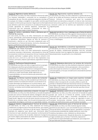 Documento detrabajo enprocesode validación
Elaborado porla Dirección deEducación Primaria (DEP) y la DirecciónGeneral deEducación Básica Regular (DIGEBR)
Sesión 15: Registramos nuestros talentos (1)
En esta sesión, las niñas y los niños recopilarán informaciónsobre
los intereses, habilidades y emociones de sus compañeros y
compañeras de aula. Para ello, plantearán preguntas sencillas en
sus grupos de trabajo y escogerán la que podría servirles para
recopilar la información que necesitan. Organizaránlainformación
que obtienen a partir de la encuesta en una tabla de frecuencias
simple, agrupando los talentos expuestos. Compartirán la
información que han procesado, comparando los datos y
señalando cuál tiene mayor o menor frecuencia.
Sesión 16: Registramos nuestros talentos (2)
En esta sesión, las niñas y los niños elaborarán un gráficode barras a
partir de las tablas de frecuencia simple que realizaron en la sesión
anterior. Utilizarán la cuadrícula para vaciar los resultados,
identificarán sus elementos y colocarán un título en este. Asimismo,
haránlectura de sus gráficos ya partir de ello reconocerán, explicarán
y concluirán cuáles son los talentos que representan el aula del
segundo grado.
Sesión 17: Leemos y aprendemos chistes y adivinanzas para el
festival de talentos
En esta sesión, las niñas y los niños interactuarán con textos
lúdicos, aprendiendo y disfrutando del lenguaje usado en chistes
y adivinanzas. Aprenderán algunos de ellos de memoria y
practicarán a decirlos en voz alta como preparación para su
participación en el festival de talentos. Asimismo, afianzarán sus
gustos y preferencias por este tipo de textos.
Sesión 18: Aprendemos rimasy trabalenguas para el festival de talentos
En esta sesión, las niñas ylos niños seguiráninteractuandocon textos
lúdicos, pero esta vez con rimas y trabalenguas. Aprenderán algunos
de memoria, ycrearányescribiránde manera cooperativa sus propias
rimas o trabalenguas.
Sesión 19: Nos preparamos para el festival al presentar secuencias
numéricas con ritmos musicales
En esta sesión las niñas y los niños representarán secuencias
numéricas crecientes o decrecientes, relacionando los ritmos de
las secuencias numéricas consecuencias rítmicas musicales, como
zapatear, palmotear o golpear palitos. Asimismo, contarán en
series de 2 en 2, de 4 en 4, y de 6 en 6. Para representar un
número, caminarán, silbaránopalmotearán, siguiendoel número
elegido.
Sesión 20: Aprendemos a encontrar equivalencias
En esta sesión, las niñas y los niños establecerán relaciones entre dos
grupos de objetos, estableciendo igualdades. Para ello, utilizarán
material concreto como las regletas de colores, plantearán distintas
descomposiciones, las graficarán y las simbolizarán.
Sesión 21: Planificamos el festival de talentos
En esta sesión, las niñas y los niños se organizarán ensus grupos
de trabajopara planificar qué actividadrealizaránycómo
presentaránsus talentos para el festival. Se designarántareas y
responsabilidades para la actividad y elaboraránde manera
colectiva un cuadro planificador, donde registraránsus
responsabilidades, así como los talentos que presentarán cada
uno o cada grupo.
Sesión 22: Elaboramos y decoramos las tarjetas de invitación
En esta sesión, las niñas y los niños diseñarány decorarán tarjetas de
invitaciónutilizandodos criterios perceptuales: cómo aumentano
cómo disminuyenlos números en un patrón aditivo. Para ello,
utilizarángráficos, enlos que se evidenciará la necesidad de plantear
el patrón aditivo.
Sesión 23: Escribimos nuestras tarjetas de invitación
En esta sesión, las niñas y los niños acordaránqué información
deberá contener las tarjetas de invitación y la escribiránen las
tarjetas decoradas que prepararon en la sesiónanterior, para
participar a sus familiares, el lugar, la fecha yhora del festival de
talentos. Las tarjetas seránenviadas oportunamente a sus
invitados.
Sesión 24: Elaboramos un croquis para nuestros invitados
En esta sesión, las niñas y los niños recibirán un croquis en donde
deberán ubicar los espacios de suescuela, señalar un punto de
partida y el desplazamientoque necesitaríanrealizar sus invitados
para llegar al lugar donde se presentará el festival de talentos. Para
poder elaborar el croquis, partirándel recorrido que ellos mismos
realizarán enforma vivencial.
Sesión 25: Inventamos y construimos un lanzador de papel (1)
Enesta sesión, las niñas ylos niños diseñarán unlanzador de papel
picado para animar el festival de talentos. Dialogarán sobre por
qué y para qué se necesita el lanzador y sobre las formas de lanzar
papel picado. Seguirán una serie de pasos durante el proceso de
diseño de un prototipo viable. Esto les permitirá desarrollar sus
capacidades tecnológicas y estimular sus capacidades creativas.
Sesión 26: Inventamos y construimos un lanzador de papel (2)
En esta sesión, las niñas y los niños construirán el lanzador de papel
picado que usarán en el festival de talentos. Usarán diversos
materiales para cortar, pegar y ensamblar, considerando el uso
adecuado de cada material, las normas de seguridad al cortar y
manipular herramientas cortantes (tijera). Asimismo, aplicarán
medidas de ecoeficiencia (como uso de material reciclado).
Sesión 27: Creamos unprograma para el festival de talentos
En esta sesión, las niñas y los niños elaborarán de manera
colaborativa unprograma para el festival de talentos, para repartir
a sus compañeros/as y familiares el día del evento. Observarán
ejemplos de programas para decidir qué información debe
incluirse en el suyo y decidirán cómo presentar la informaciónde
manera clara y atractiva. De ser posible, elaborarán el programa
de manera digital, procesadores de textos básicos para combinar
imágenes, y textos para expresar sus ideas.
Sesión 28: Ambientamos para el festival de talentos
En esta sesión, las niñas y los niños recibiránalgunos moldes
geométricos para decorar y usar como banderines para ambientar su
festival de talentos. Para poderlos decorar, aprenderán a reconocer
sus dimensiones valiéndose de medidas arbitrarias, como clips
metálicos, borradores u otros. Señalarán sus dimensiones y
estableceráncomparaciones. Después de decorarlos, los colgaránen
el lugar acordado para su festival. Finalmente, repasaránel
planificador de responsabilidades que elaboraron, para asegurarse
de que todo esté listopara sufestival.
 