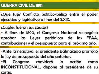 ¿Qué fue? Conflicto político-bélico entre el poder
ejecutivo y legislativo a fines del S.XIX.
¿Cuáles fueron sus causas?
- A fines de 1890, el Congreso Nacional se negó a
aprobar las Leyes periódicas de las FFAA,
contribuciones y el presupuesto para el próximo año.
-Ante la negativa, el presidente Balmaceda prorrogó
la ley de presupuesto del año anterior.
-El    Congreso    consideró     la   acción  como
INCONSTITUCIONAL, depone al presidente de su
cargo.
 