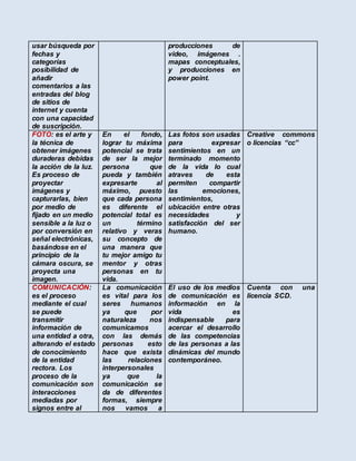 usar búsqueda por 
fechas y 
categorías 
posibilidad de 
añadir 
comentarios a las 
entradas del blog 
de sitios de 
internet y cuenta 
con una capacidad 
de suscripción. 
producciones de 
video, imágenes . 
mapas conceptuales, 
y producciones en 
power point. 
FOTO: es el arte y 
la técnica de 
obtener imágenes 
duraderas debidas 
la acción de la luz. 
Es proceso de 
proyectar 
imágenes y 
capturarlas, bien 
por medio de 
fijado en un medio 
sensible a la luz o 
por conversión en 
señal electrónicas, 
basándose en el 
principio de la 
cámara oscura, se 
proyecta una 
imagen. 
En el fondo, 
lograr tu máxima 
potencial se trata 
de ser la mejor 
persona que 
pueda y también 
expresarte al 
máximo, puesto 
que cada persona 
es diferente el 
potencial total es 
un término 
relativo y veras 
su concepto de 
una manera que 
tu mejor amigo tu 
mentor y otras 
personas en tu 
vida. 
Las fotos son usadas 
para expresar 
sentimientos en un 
terminado momento 
de la vida lo cual 
atraves de esta 
permiten compartir 
las emociones, 
sentimientos, 
ubicación entre otras 
necesidades y 
satisfacción del ser 
humano. 
Creative commons 
o licencias “cc” 
COMUNICACIÓN: 
es el proceso 
mediante el cual 
se puede 
transmitir 
información de 
una entidad a otra, 
alterando el estado 
de conocimiento 
de la entidad 
rectora. Los 
proceso de la 
comunicación son 
interacciones 
mediadas por 
signos entre al 
La comunicación 
es vital para los 
seres humanos 
ya que por 
naturaleza nos 
comunicamos 
con las demás 
personas esto 
hace que exista 
las relaciones 
interpersonales 
ya que la 
comunicación se 
da de diferentes 
formas, siempre 
nos vamos a 
El uso de los medios 
de comunicación es 
información en la 
vida es 
indispensable para 
acercar el desarrollo 
de las competencias 
de las personas a las 
dinámicas del mundo 
contemporáneo. 
Cuenta con una 
licencia SCD. 
 