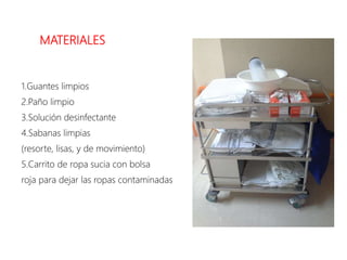 MATERIALES
1.Guantes limpios
2.Paño limpio
3.Solución desinfectante
4.Sabanas limpias
(resorte, lisas, y de movimiento)
5.Carrito de ropa sucia con bolsa
roja para dejar las ropas contaminadas
 