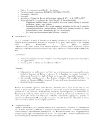 o Carácter de compromiso entre liberales y absolutistas.
o Vigencia reducida e intermitente (1812-1814, 1820-1823 y 1836-1837).
o Muy extensa y minuciosa
o Muy rígida
o Inspirada en el Estatuto de Bayona, la Constitución francesa de 1791 y la de EEUU de 1787.
o Recoge a lo largo del texto distintos derechos y libertades de forma diseminada:
 Principio de igualdad, basado en la unidad de fuero y de códigos. Elimina la prueba de
nobleza para ocupar cargos públicos.
 Principio de libertad civil y derecho a la propiedad. Sufragio activo, libertad de expresión
salvo en lo concerniente a temas religiosos, prohibición del tormento, derechos del preso,
inviolabilidad personal y domiciliaria y derecho a la enseñanza.
 En cambio prohíbe cualquier religión diferente a la católica.
Estatuto Real de 1834.
En 1814 Fernando VII deroga la Constitución de 1812 y restablece las del Antiguo Régimen con la
intención de redactar una nueva Constitución. Fallece en 1833 y queda como sucesora su hija Isabel II y
como Reina Gobernadora su esposa María Cristina.
La Corona se alía con los liberales con la intención de frenar la oposición carlista. Se iniciauna etapa de
reformismo moderado creando una norma transitoria bajo el gobierno de Martínez de la Rosa: El Estatuto
Real.
Características:
o No es una constitución en sentido estricto sino una carta otorgada de amplio carácter monárquico.
o Incompleto y breve.
o Flexible, permite su reforma por procedimiento ordinario.
Contenido:
o Soberanía real con atribuciones a las Cortes que son bicamerales pero manteniendo amplias
facultades. Estamento de Próceres, miembros de la Grandeza con carácter hereditario, y
Estamento de Procuradores, elegidos de forma pasiva según edad y capacidad económica.
o Sin contenidos específicos sobre el Rey, Regencia y Ministros. Sólo regulaba las Cortes y su
relación con el monarca. El Rey se desprende de ciertos poderes que traspasa a otros órganos.
o Sin división de poderes específicos.
Ausencia de contenidos específicos sobre derechos y libertades pues el objeto de este texto era otro
aunque se dieron diferentes intentos de reforma del mismo que hubieran incorporado principios de
igualdad ante la ley y tributaria, de libertad civil individual y seguridad personal, de inviolabilidad de
domicilio y de seguridad jurídica; intentos que hubieran llevado al sistema hacia un liberalismo más
radical, el cual falló y tornó en la división de los liberales en moderados y progresistas, apoyados los
primeros por la Gobernadora M. Cristina. La inclusión de esta tabla de derechos y libertades en el texto
habría transformado el texto en una completa constitución.
Constitución de 1837.
Inviable el Estatuto Real por la divisióncomentada de la familia liberal, y restaurada la Constitución de
1812 de modo provisional en 1836 tras el motín de los sargentos progresistas en La Granja se comenzó a
elaborar una nueva ley fundamental promulgada en 1837. Inicialmente se creó con la idea progresista de
modificar algunos aspectos de la Constitución de 1812 y del Estatuto Real y terminó siendo una reforma
más moderada para evitar enfrentamientos entre ambos lados liberales.
 