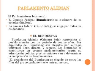 <ul><li>El Parlamento es bicameral: </li></ul><ul><li>El Consejo Federal  (Bundesrat)  es la cámara de los estados (länder...