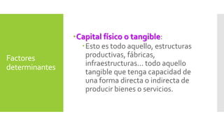Factores 
determinantes 
Capital físico o tangible: 
Esto es todo aquello, estructuras 
productivas, fábricas, 
infraestructuras... todo aquello 
tangible que tenga capacidad de 
una forma directa o indirecta de 
producir bienes o servicios. 
 