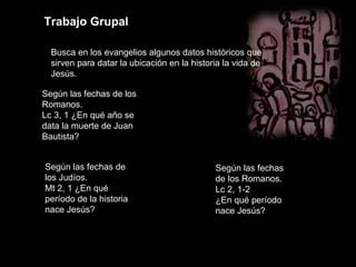 Trabajo Grupal Busca en los evangelios algunos datos históricos que sirven para datar la ubicación en la historia la vida de Jesús. Según las fechas de los Romanos. Lc 3, 1 ¿En qué año se data la muerte de Juan Bautista? Según las fechas de los Judíos. Mt 2, 1 ¿En qué período de la historia nace Jesús? Según las fechas de los Romanos. Lc 2, 1-2 ¿En qué período nace Jesús? 