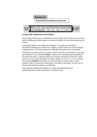 La figura 463: Doblamiento sobre Reglas

En las Reglas Definirá para el Doblamiento sobre el paso de Derechos de Cuota, usted
define el doblamiento sobre reglas a la ronda los derechos de cuota determinados por el
sistema.
Usted puede definir varias reglas que redondean. Una regla que redondea es
únicamente indicada por su número de 2 dígitos y puede consistir en varias subreglas
complementarias. El sistema traspasa las subreglas hasta que uno sea encontrado.
Usted define un límite más bajo y superior para el intervalo que redondea en una regla
que redondea. En las columnas twoIncl., usted activa el interruptor para especificar si
los límites más bajos y superiores deben ser incluidos calculando el intervalo. Usted
entra en el valor al cual usted quiere acorralar o abajo en el Ta r g e t v un l u e columna.
En la columna theRoll, usted indica si el intervalo debe ser hecho rodar, es decir
copiado a todos los intervalos subsecuentes, activando el interruptor. En este caso, la
duración del intervalo siempre es considerada.
Estas reglas de doblamiento también son usadas determinando horas de
asistencia/ausencia y días en asistencia y ausencia contar.
 