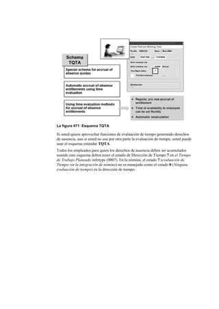 La figura 471: Esquema TQTA

Si usted quiere aprovechar funciones de evaluación de tiempo generando derechos
de ausencia, aun si usted no usa por otra parte la evaluación de tiempo, usted puede
usar el esquema estándar TQTA.
Todos los empleados para quien los derechos de ausencia deben ser acumulados
usando este esquema deben tener el estado de Dirección de Tiempo 7 en el Tiempo
de Trabajo Planeado infotype (0007). En la nómina, el estado 7 (evaluación de
Tiempo sin la integración de nómina) no es manejado como el estado 0 (Ninguna
evaluación de tiempo) en la dirección de tiempo.
 