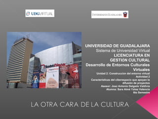 UNIVERSIDAD DE GUADALAJARA
Sistema de Universidad Virtual
LICENCIATURA EN
GESTIÓN CULTURAL
Desarrollo de Entornos Culturales
Virtuales
Unidad 2: Construcción del entorno virtual
Actividad 2
Características del ciberespacio que apoyan la
difusión de proyectos
Asesor: José Antonio Delgado Valdivia
Alumna: Sara Aimé Yáñez Valencia
6to Semestre
 