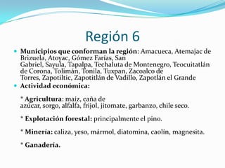 Región 6
 Municipios que conforman la región: Amacueca, Atemajac de
Brizuela, Atoyac, Gómez Farías, San
Gabriel, Sayula, Tapalpa, Techaluta de Montenegro, Teocuitatlán
de Corona, Tolimán, Tonila, Tuxpan, Zacoalco de
Torres, Zapotiltic, Zapotitlán de Vadillo, Zapotlán el Grande
 Actividad económica:
* Agricultura: maíz, caña de
azúcar, sorgo, alfalfa, frijol, jitomate, garbanzo, chile seco.
* Explotación forestal: principalmente el pino.
* Minería: caliza, yeso, mármol, diatomina, caolín, magnesita.
* Ganadería.
 