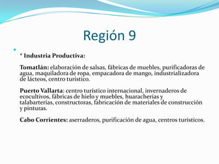 Región 9

* Industria Productiva:
Tomatlán: elaboración de salsas, fábricas de muebles, purificadoras de
agua, maquiladora de ropa, empacadora de mango, industrializadora
de lácteos, centro turístico.
Puerto Vallarta: centro turístico internacional, invernaderos de
ecocultivos, fábricas de hielo y muebles, huaracherías y
talabarterías, constructoras, fabricación de materiales de construcción
y pinturas.
Cabo Corrientes: aserraderos, purificación de agua, centros turísticos.
 