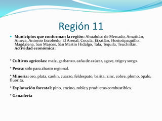 Región 11
 Municipios que conforman la región: Ahualulco de Mercado, Amatitán,
Ameca, Antonio Escobedo, El Arenal, Cocula, Etzatlán, Hostotipaquillo,
Magdalena, San Marcos, San Martín Hidalgo, Tala, Tequila, Teuchitlán.
Actividad económica:
* Cultivos agrícolas: maíz, garbanzo, caña de azúcar, agave, trigo y sorgo.
* Pesca: sólo para abasto regional.
* Minería: oro, plata, caolín, cuarzo, feldespato, barita, zinc, cobre, plomo, ópalo,
fluorita.
* Explotación forestal: pino, encino, roble y productos combustibles.
* Ganadería
 