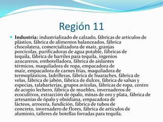 Región 11
 Industria: industrializado de calzado, fábricas de artículos de
plástico, fábrica de alimentos balanceados, fábrica
chocolatera, comercializadora de maíz, granjas
porcícolas, purificadoras de agua potable, fábricas de
tequila, fábrica de barriles para tequila, ingenios
azucareros, embotelladora, fábrica de aislantes
térmicos, maquiladora de ropa, empacadora de
maíz, empacadora de carnes frías, maquiladora de
termoplásticos, ladrilleras, fábrica de huaraches, fábrica de
velas, fábrica de jabón, fábrica de dulces, fábrica de salsas y
especias, talabarterías, grupos avícolas, fábricas de ropa, centro
de acopio lechero, fábrica de muebles, invernaderos de
ecocultivos, extracción de ópalo, minas de oro y plata, fábrica de
artesanías de ópalo y obsidiana, empacadora de
lácteos, arrocera, fundición, fábrica de tubos de
concreto, invernadero de flores, fábrica de artículos de
aluminio, talleres de botellas forradas para tequila.
 