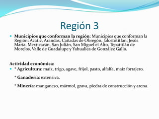 Región 3
 Municipios que conforman la región: Municipios que conforman la
Región: Acatic, Arandas, Cañadas de Obregón, Jalostotitlán, Jesús
María, Mexticacán, San Julián, San Miguel el Alto, Tepatitlán de
Morelos, Valle de Guadalupe y Yahualica de González Gallo.
Actividad económica:
 * Agricultura: maíz, trigo, agave, frijol, pasto, alfalfa, maíz forrajero.
* Ganadería: extensiva.
* Minería: manganeso, mármol, grava, piedra de construcción y arena.
 