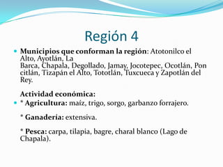 Región 4
 Municipios que conforman la región: Atotonilco el
Alto, Ayotlán, La
Barca, Chapala, Degollado, Jamay, Jocotepec, Ocotlán, Pon
citlán, Tizapán el Alto, Tototlán, Tuxcueca y Zapotlán del
Rey.
Actividad económica:
 * Agricultura: maíz, trigo, sorgo, garbanzo forrajero.
* Ganadería: extensiva.
* Pesca: carpa, tilapia, bagre, charal blanco (Lago de
Chapala).
 