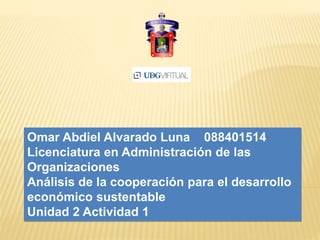 Omar Abdiel Alvarado Luna 088401514
Licenciatura en Administración de las
Organizaciones
Análisis de la cooperación para el desarrollo
económico sustentable
Unidad 2 Actividad 1

 