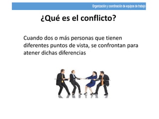 ¿Qué es el conflicto?
Cuando dos o más personas que tienen
diferentes puntos de vista, se confrontan para
atener dichas diferencias
 