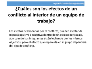 ¿Cuáles son los efectos de un
conflicto al interior de un equipo de
trabajo?
Los efectos ocasionados por el conflicto, pueden afectar de
manera positiva o negativa dentro de un equipo de trabajo,
aun cuando sus integrantes estén luchando por los mismos
objetivos, pero el efecto que repercuta en el grupo dependerá
del tipo de conflicto.
 