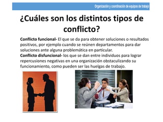 ¿Cuáles son los distintos tipos de
conflicto?
Conflicto funcional- El que se da para obtener soluciones o resultados
positivos, por ejemplo cuando se reúnen departamentos para dar
soluciones ante alguna problemática en particular.
Conflicto disfuncional- los que se dan entre individuos para lograr
repercusiones negativas en una organización obstaculizando su
funcionamiento, como pueden ser las huelgas de trabajo.
 