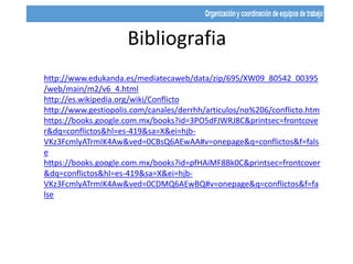 Bibliografia
http://www.edukanda.es/mediatecaweb/data/zip/695/XW09_80542_00395
/web/main/m2/v6_4.html
http://es.wikipedia.org/wiki/Conflicto
http://www.gestiopolis.com/canales/derrhh/articulos/no%206/conflicto.htm
https://books.google.com.mx/books?id=3PO5dFJWRJ8C&printsec=frontcove
r&dq=conflictos&hl=es-419&sa=X&ei=hjb-
VKz3FcmlyATrmIK4Aw&ved=0CBsQ6AEwAA#v=onepage&q=conflictos&f=fals
e
https://books.google.com.mx/books?id=pfHAiMF8Bk0C&printsec=frontcover
&dq=conflictos&hl=es-419&sa=X&ei=hjb-
VKz3FcmlyATrmIK4Aw&ved=0CDMQ6AEwBQ#v=onepage&q=conflictos&f=fa
lse
 