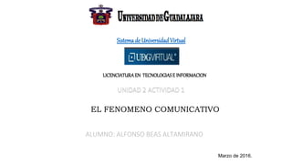 ALUMNO: ALFONSO BEAS ALTAMIRANO
Sistemade UniversidadVirtual
LICENCIATURAEN TECNOLOGIASE INFORMACION
EL FENOMENO COMUNICATIVO
ACTIVIDAD 2
Marzo de 2016.
 