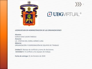 1
LICENCIATURA EN ADMINISTRACION DE LAS ORGANIZACIONES
Alumno:
GARCIA DIAZ LAURA FABIOLA
Asesora:
LIC. CYNTHIA DEL CORAL GÓMEZ LUNA
Materia:
ORGANIZACIÓN Y COORDINACIÓN DE EQUIPOS DE TRABAJO
Unidad 2: Manejo de conflictos y toma de decisiones.
Actividad 1: El conflicto y los equipos de trabajo.
Fecha de entrega: 01 de Octubre de 2020
 