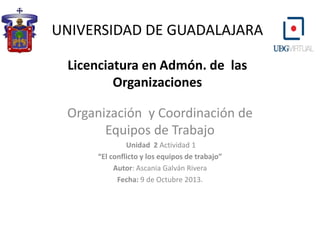 UNIVERSIDAD DE GUADALAJARA
Licenciatura en Admón. de las
Organizaciones
Organización y Coordinación de
Equipos de Trabajo
Unidad 2 Actividad 1
“El conflicto y los equipos de trabajo”
Autor: Ascania Galván Rivera
Fecha: 9 de Octubre 2013.
 