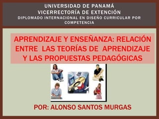 UNIVERSIDAD DE PANAMÁ
VICERRECTORÍA DE EXTENCIÓN
DIPLOMADO INTERNACIONAL EN DISEÑO CURRICULAR POR
COMPETENCIA
APRENDIZAJE Y ENSEÑANZA: RELACIÓN
ENTRE LAS TEORÍAS DE APRENDIZAJE
Y LAS PROPUESTAS PEDAGÓGICAS
POR: ALONSO SANTOS MURGAS
 
