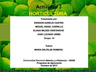 Actividad 3
HORTICULTURA
Presentado por:
EDINSON AURELIO CASTRO
MIGUEL ANGEL CARRILLO
ELIANA MILEIDI CRISTANCHO
JOSE LUCIANO URIBE.
Grupo: 14
Tutora:
MARIA DELPILAR ROMERO.
Universidad Nacional Abierta y a Distancia – UNAD
Programa de Agronomía
Octubre de 2017
 