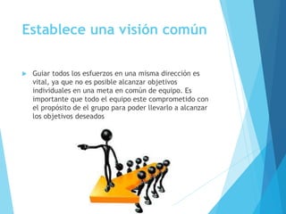 Establece una visión común
 Guiar todos los esfuerzos en una misma dirección es
vital, ya que no es posible alcanzar objetivos
individuales en una meta en común de equipo. Es
importante que todo el equipo este comprometido con
el propósito de el grupo para poder llevarlo a alcanzar
los objetivos deseados
 