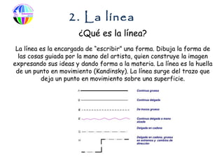 2. La línea
                       ¿Qué es la línea?
 La línea es la encargada de “escribir” una forma. Dibuja la forma de
  las cosas guiada por la mano del artista, quien construye la imagen
expresando sus ideas y dando forma a la materia. La línea es la huella
 de un punto en movimiento (Kandinsky). La línea surge del trazo que
          deja un punto en movimiento sobre una superficie.
 