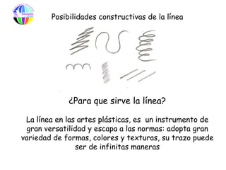 Posibilidades constructivas de la línea




             ¿Para que sirve la línea?

 La línea en las artes plásticas, es un instrumento de
 gran versatilidad y escapa a las normas: adopta gran
variedad de formas, colores y texturas, su trazo puede
                ser de infinitas maneras
 