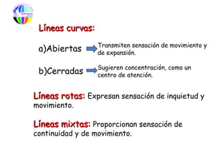 Líneas curvas:
                  Transmiten sensación de movimiento y
 a)Abiertas       de expansión.

                  Sugieren concentración, como un
 b)Cerradas       centro de atención.


Líneas rotas: Expresan sensación de inquietud y
movimiento.

Líneas mixtas: Proporcionan sensación de
continuidad y de movimiento.
 