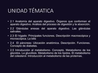 UNIDAD TÉMATICA
• 2.1 Anatomía del aparato digestivo. Órganos que conforman el
aparato digestivo. Análisis del proceso de digestión y la absorción.
• 2.2 Glándulas anexas del aparato digestivo. Las glándulas
salivales.
• 2.3 El hígado: Principales funciones. Descripción macroscópica y
microscópica. La bilis
• 2.4 El páncreas: Ubicación anatómica. Descripción. Funciones.
Concepto de diabetes.
• 2.5 Introducción al metabolismo. Concepto. Metabolismo de los
glúcidos. La glucólisis. Metabolismo de los lípidos. El metabolismo
del colesterol. Introducción al metabolismo de las proteínas.
 
