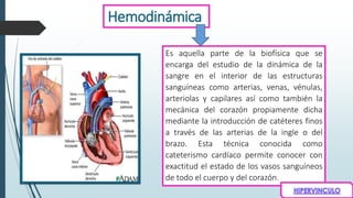 Es aquella parte de la biofísica que se
encarga del estudio de la dinámica de la
sangre en el interior de las estructuras
sanguíneas como arterias, venas, vénulas,
arteriolas y capilares así como también la
mecánica del corazón propiamente dicha
mediante la introducción de catéteres finos
a través de las arterias de la ingle o del
brazo. Esta técnica conocida como
cateterismo cardíaco permite conocer con
exactitud el estado de los vasos sanguíneos
de todo el cuerpo y del corazón.
Hemodinámica
 