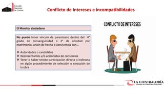 Conflicto de Intereses e incompatibilidades
No puede tener vínculo de parentesco dentro del 4°
grado de consanguinidad o 2° de afinidad por
matrimonio, unión de hecho o convivencia con…
❖ Autoridades o candidatos
❖ Representantes y/o accionistas de consorcios
❖ Tener o haber tenido participación directa o indirecta
en algún procedimiento de selección o ejecución de
la obra
El Monitor ciudadano
 