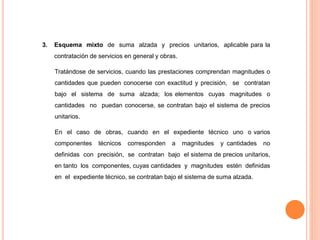 3. Esquema mixto de suma alzada y precios unitarios, aplicable para la
contratación de servicios en general y obras.
Tratándose de servicios, cuando las prestaciones comprendan magnitudes o
cantidades que pueden conocerse con exactitud y precisión, se contratan
bajo el sistema de suma alzada; los elementos cuyas magnitudes o
cantidades no puedan conocerse, se contratan bajo el sistema de precios
unitarios.
En el caso de obras, cuando en el expediente técnico uno o varios
componentes técnicos corresponden a magnitudes y cantidades no
definidas con precisión, se contratan bajo el sistema de precios unitarios,
en tanto los componentes, cuyas cantidades y magnitudes estén definidas
en el expediente técnico, se contratan bajo el sistema de suma alzada.
 