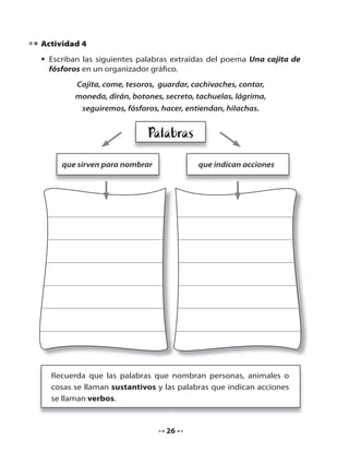 Actividad 4
• Escriban las siguientes palabras extraídas del poema Una cajita de
fósforos en un organizador gráfico.
Cajita, come, tesoros, guardar, cachivaches, contar,
moneda, dirán, botones, secreto, tachuelas, lágrima,
seguiremos, fósforos, hacer, entiendan, hilachas.

Palabras
que sirven para nombrar

que indican acciones

Recuerda que las palabras que nombran personas, animales o
cosas se llaman sustantivos y las palabras que indican acciones
se llaman verbos.

26

 