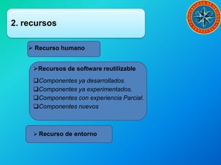 2. recursos
 Recurso humano
Recursos de software reutilizable
Componentes ya desarrollados.
Componentes ya experimentados.
Componentes con experiencia Parcial.
Componentes nuevos
 Recurso de entorno
 