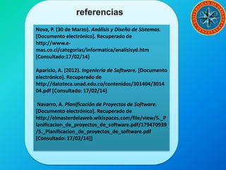 Nova, P. (30 de Marzo). Análisis y Diseño de Sistemas.
[Documento electrónico]. Recuperado de
http://www.e-
mas.co.cl/categorias/informatica/analisisyd.htm
[Consultado:17/02/14]
Aparicio, A. (2012). Ingeniería de Software. [Documento
electrónico]. Recuperado de
http://datateca.unad.edu.co/contenidos/301404/3014
04.pdf [Consultado: 17/02/14]
Navarro, A. Planificación de Proyectos de Software.
[Documento electrónico]. Recuperado de
http://elmasterdelaweb.wikispaces.com/file/view/5._P
lanificacion_de_proyectos_de_software.pdf/179470939
/5._Planificacion_de_proyectos_de_software.pdf
[Consultado: 17/02/14]]
 