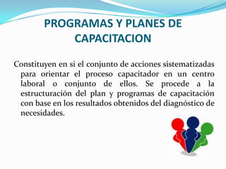PROGRAMAS Y PLANES DE CAPACITACION Constituyen en si el conjunto de acciones sistematizadas para orientar el proceso capacitador en un centro laboral o conjunto de ellos. Se procede a la estructuración del plan y programas de capacitación con base en los resultados obtenidos del diagnóstico de necesidades.