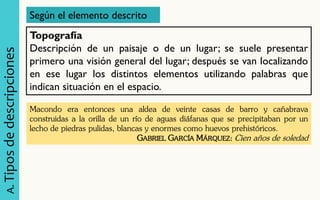 A. Tipos de descripciones 
Según el elemento descrito 
Topografía 
Descripción de un paisaje o de un lugar; se suele presentar primero una visión general del lugar; después se van localizando en ese lugar los distintos elementos utilizando palabras que indican situación en el espacio. 
Macondo era entonces una aldea de veinte casas de barro y cañabrava construidas a la orilla de un río de aguas diáfanas que se precipitaban por un lecho de piedras pulidas, blancas y enormes como huevos prehistóricos. GABRIEL GARCÍA MÁRQUEZ: Cien años de soledad  