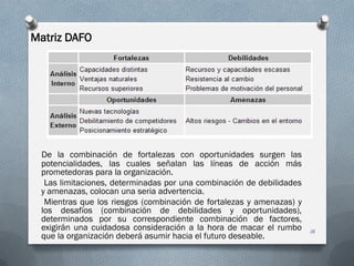 Matriz DAFO
De la combinación de fortalezas con oportunidades surgen las
potencialidades, las cuales señalan las líneas de acción más
prometedoras para la organización.
Las limitaciones, determinadas por una combinación de debilidades
y amenazas, colocan una seria advertencia.
Mientras que los riesgos (combinación de fortalezas y amenazas) y
los desafíos (combinación de debilidades y oportunidades),
determinados por su correspondiente combinación de factores,
exigirán una cuidadosa consideración a la hora de macar el rumbo
que la organización deberá asumir hacia el futuro deseable.
16
 