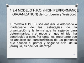 El modelo H.P.O. Busca analizar lo adecuado o
inadecuado de las estrategias de la
organización y la forma que ha seguido para
determinarlas, y el modo en que el líder ha
contribuido a esto. Por tanto, es importante que
se analicen las características de las personas
que ocupan el primer y segundo nivel de la
jerarquía, es decir el liderazgo.
22
1.9.4 MODELO H.P.O. (HIGH PERFORMANCE
ORGANIZATION) de Kurt Lewin y Weisbord
 