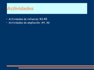 Actividades
• Actividades de refuerzo: R3-R5
• Actividades de ampliación: A4, A6
 