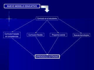 NUEVO MODELO EDUCATIVO

Centrado en el estudiante

Currículum basado
en competencias

Currículum flexible

Programa tutorial

APRENDIZAJE AUTÓNOMO

Nuevas tecnologías

 