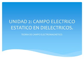 UNIDAD 2: CAMPO ELECTRICO
ESTATICO EN DIELECTRICOS.
TEORIA DE CAMPO ELECTROMAGNETICO.
 