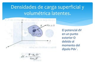 Densidades de carga superficial y
volumétrica latentes.
El potencial dV
en un punto
exterior O
debido al
momento del
dipolo Pdv´.
 