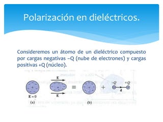 Consideremos un átomo de un dieléctrico compuesto
por cargas negativas –Q (nube de electrones) y cargas
positivas +Q (núcleo).
Polarización en dieléctricos.
 